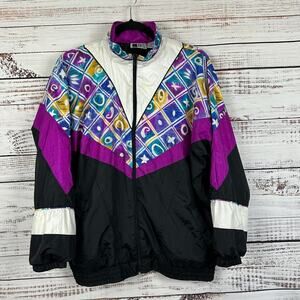 Women's VTG 90s Bold Spirit Purple Black Abstract Zip Nylon Windbreaker Jacket L